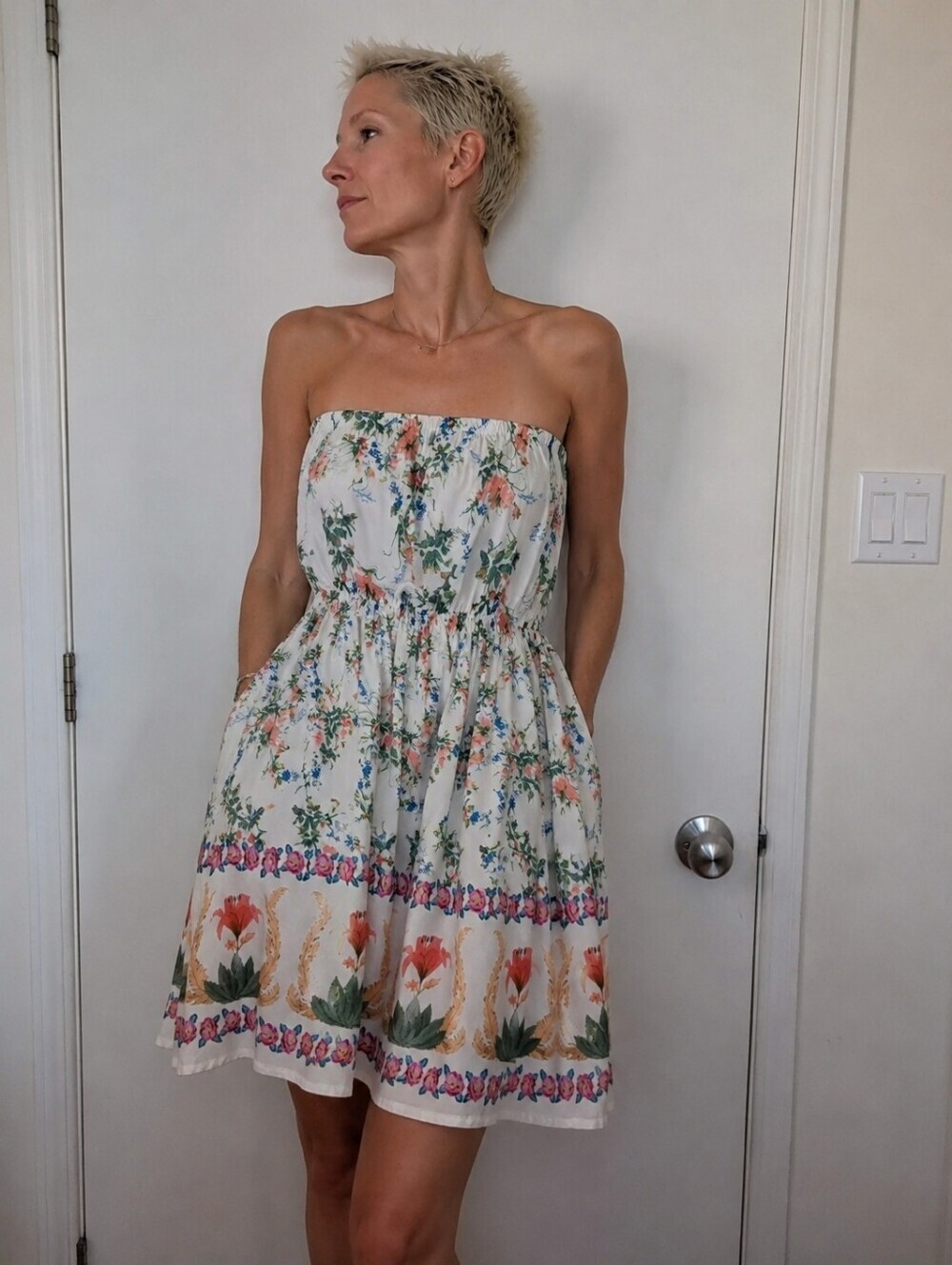 FLORAL STRAPLESS SUMMER DRESS SIZE LARGE BOHO GARDEN PARTY MINI DRESS